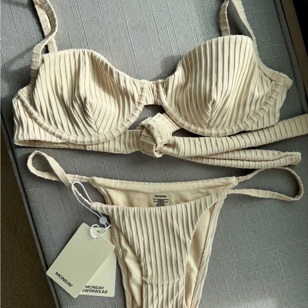 Monday Swimwear Ribbed Two-Piece Bikini Set in Cream